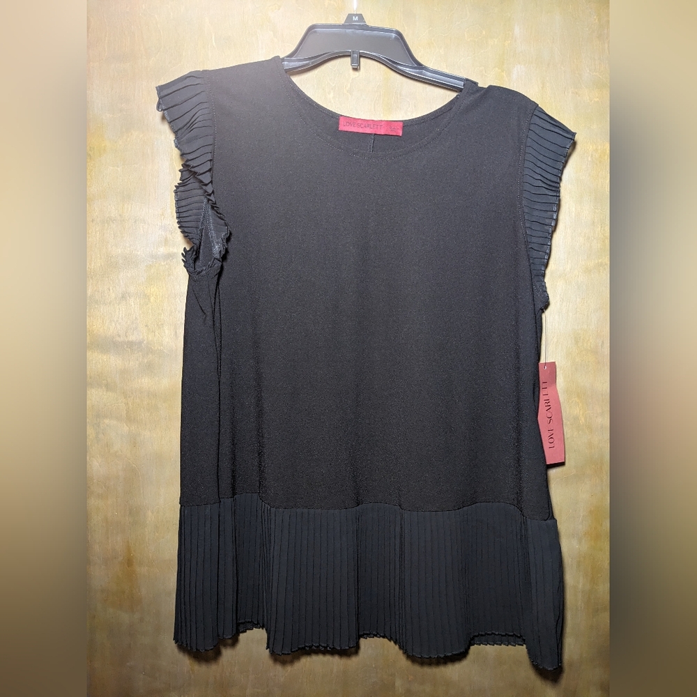 NWT Black Top with Sheer Pleated Cap Sleeves and Hem